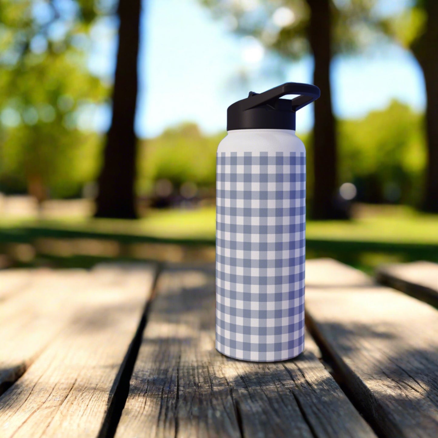 Gingham - Cobalt Blue + White Stainless Steel Water Bottle, Standard Lid