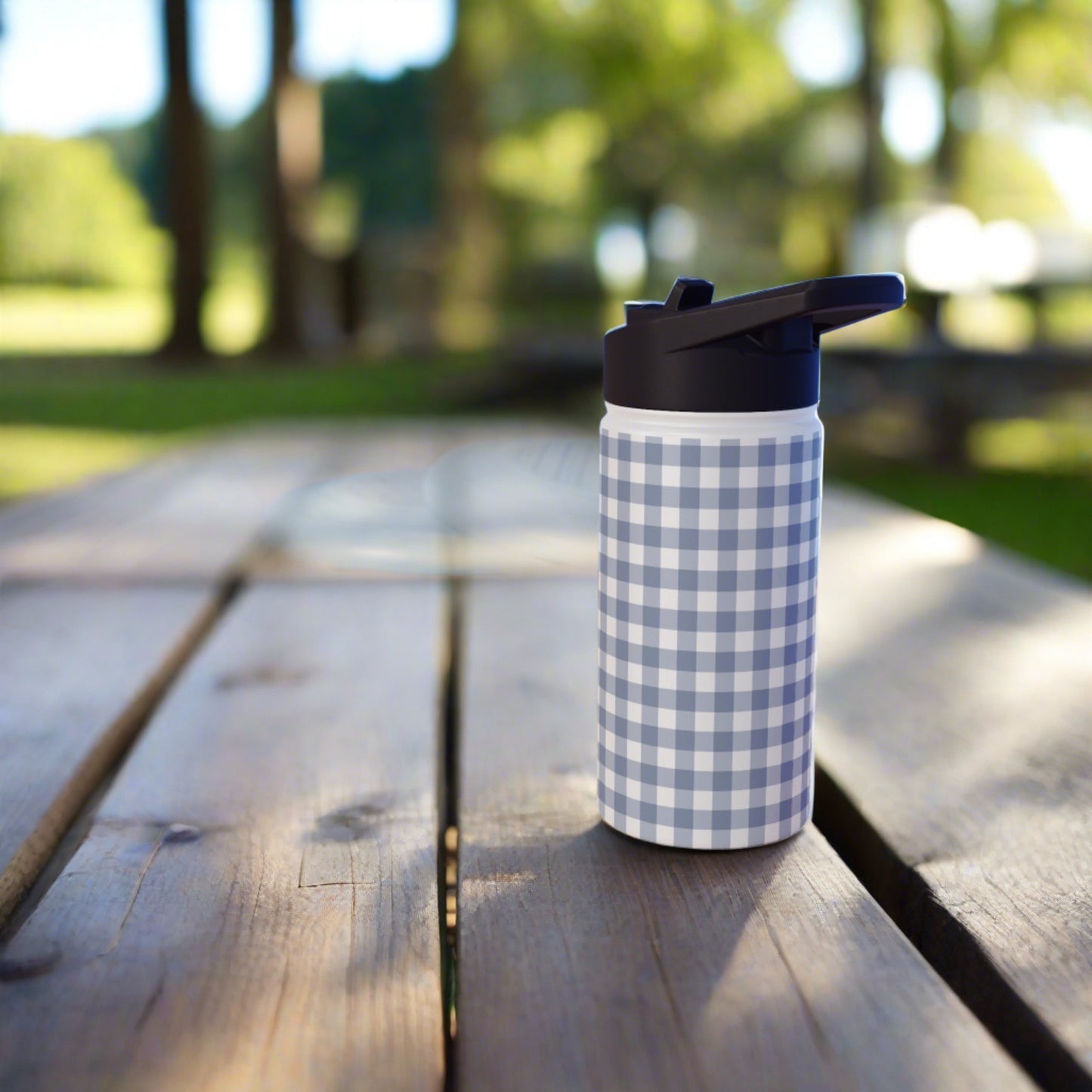 Gingham - Cobalt Blue + White Stainless Steel Water Bottle, Standard Lid