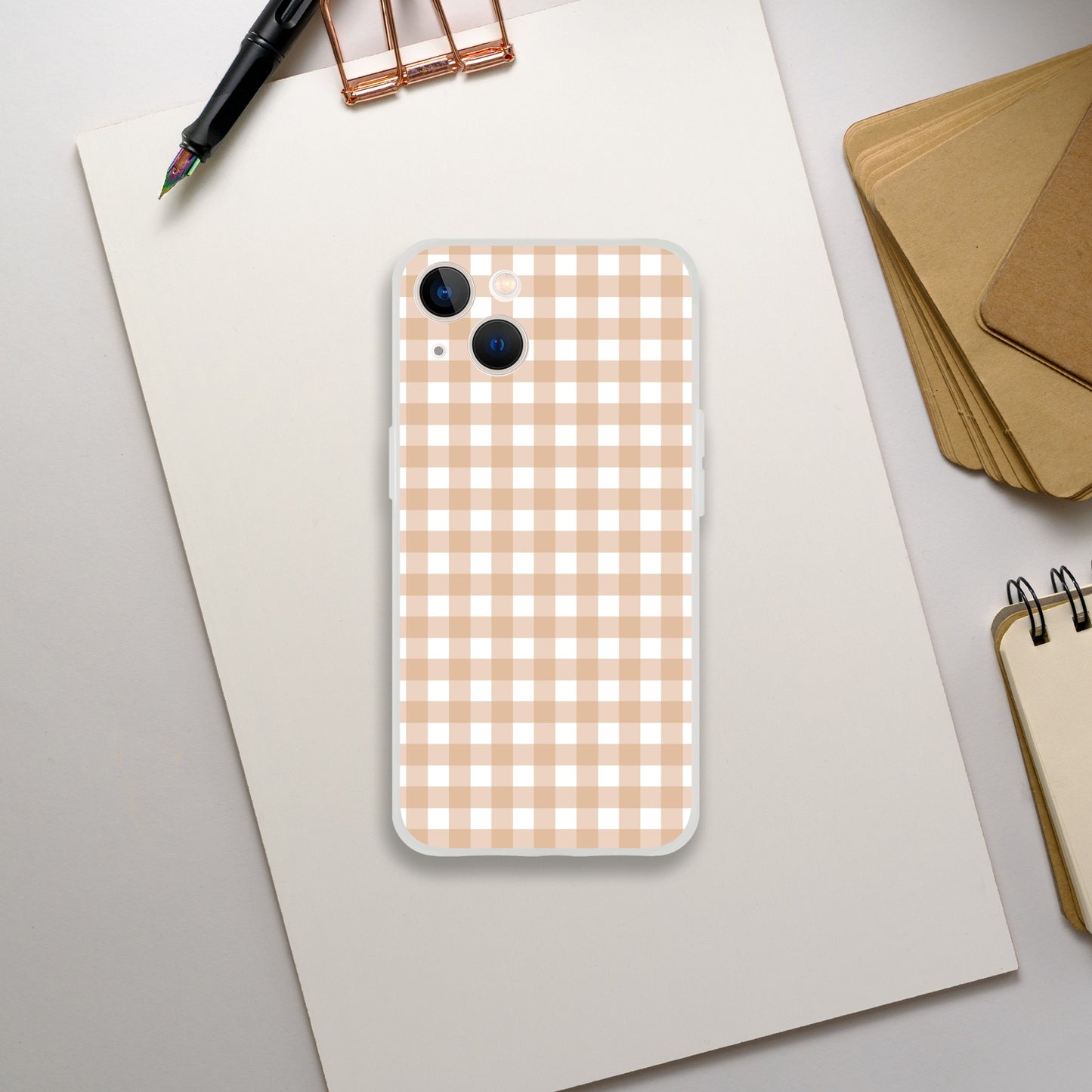 Tan and White Gingham Pattern Phone Case - Stylish and Protective